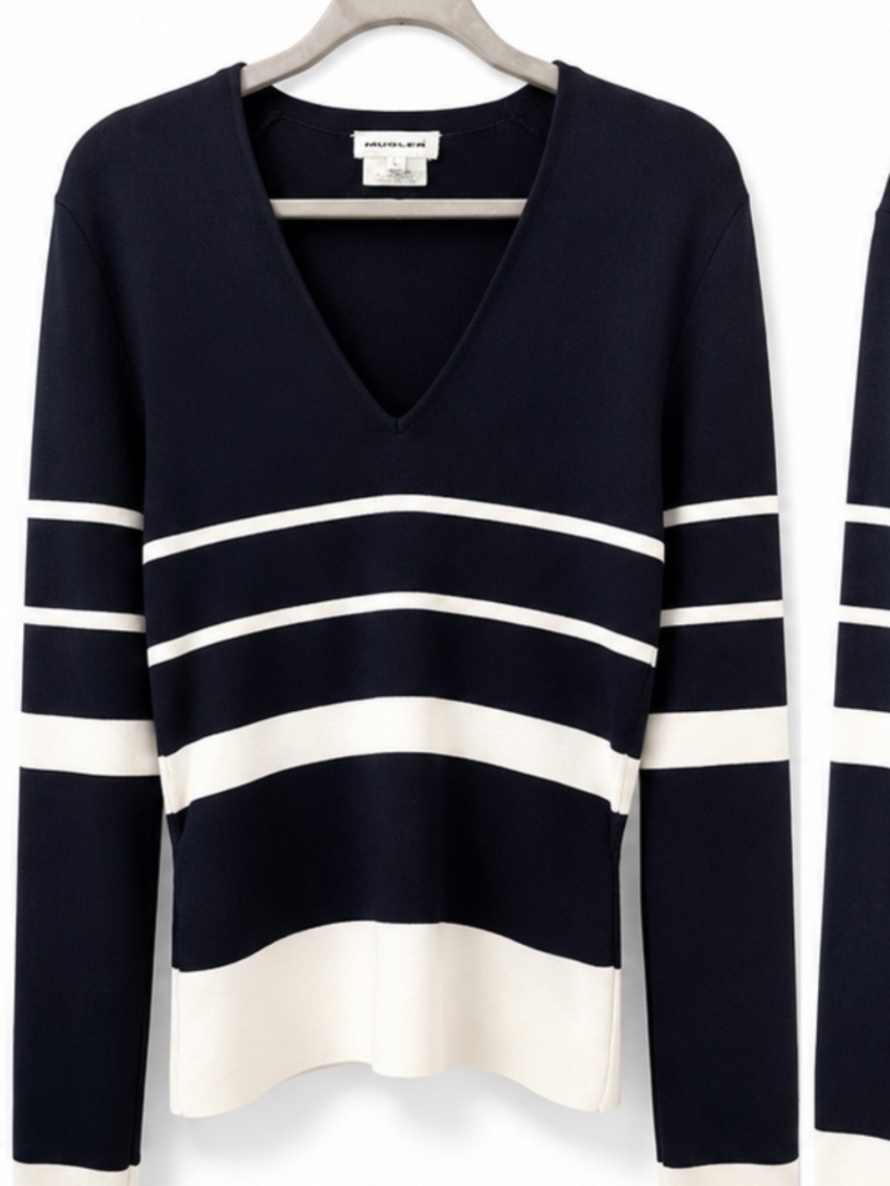 Vintage Mugler Navy & Ivory Striped Knit Top | Deep V-Neck | Long Sleeve Size L